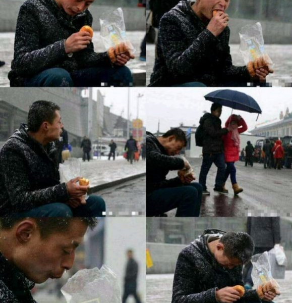 火车站拖车民工冒雪等生意，啃着面包流着鼻涕~~看到这一幕，所有抱怨与痛苦都弱暴了！ - 靖西市·靖西网