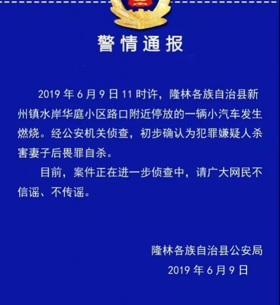 隆林一小汽车发生燃烧，系嫌疑人杀妻后自杀 - 靖西市·靖西网