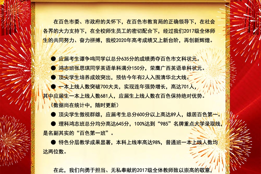 百色高中2020届一本上线702人，喜获全市文科状元,广西英语单科状元。 - 靖西市·靖西网